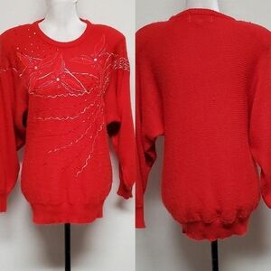 80s Vintage Western Connection Red Velvet Floral Beaded Tacky Christmas Sweater